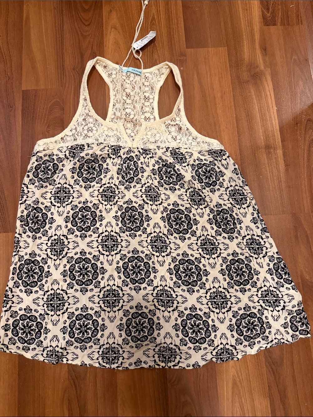 Maurices Cream Tank Top with Black Medallion Print and Lace Racerback